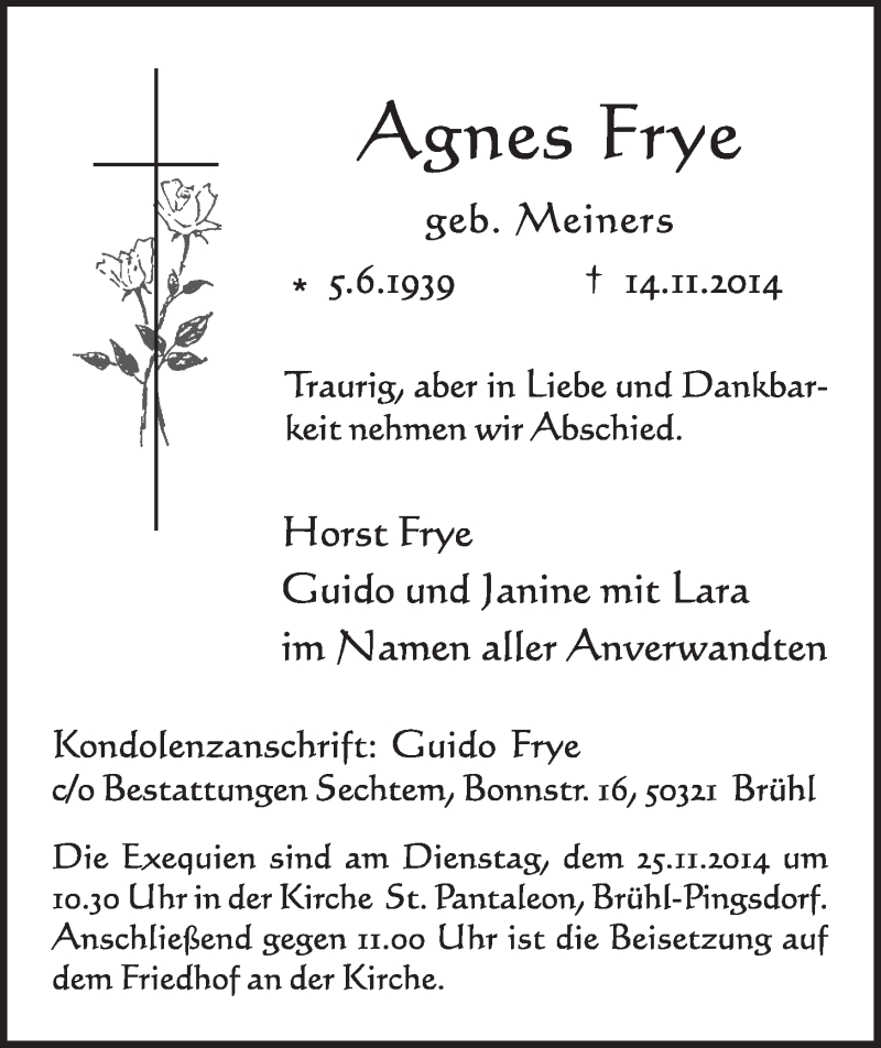  Traueranzeige für Agnes Frye vom 19.11.2014 aus  Schlossbote/Werbekurier 