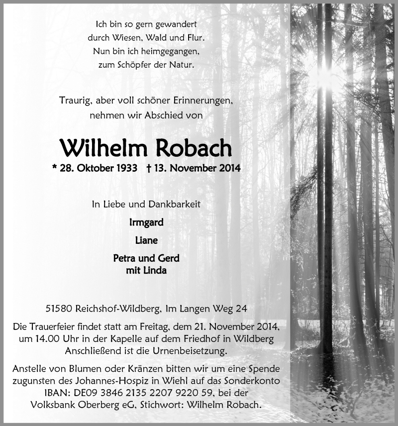  Traueranzeige für Wilhelm Robach vom 19.11.2014 aus  Lokalanzeiger 