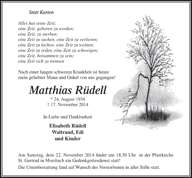  Traueranzeige für Matthias Rüdell vom 19.11.2014 aus  Lokalanzeiger 