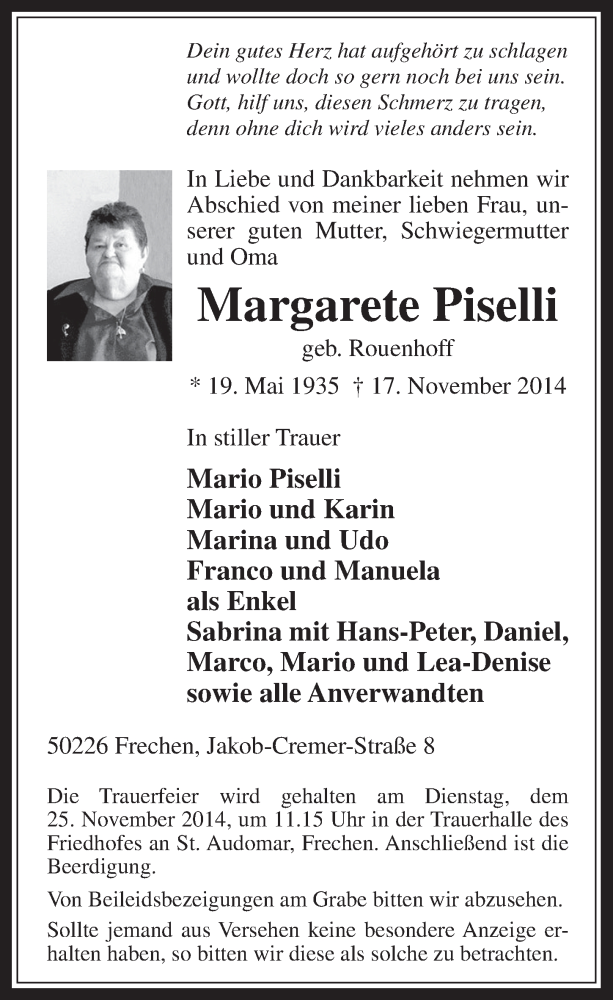  Traueranzeige für Margarete Piselli vom 19.11.2014 aus  Wochenende 