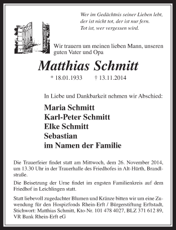Anzeige von Matthias Schmitt von  Wochenende 