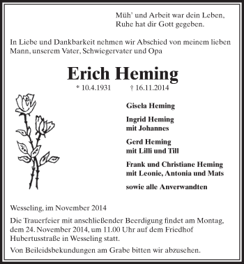 Anzeige von Erich Heming von  Schlossbote/Werbekurier 