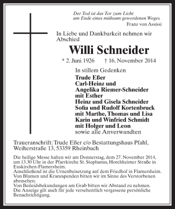 Anzeige von Willi Schneider von  Schaufenster/Blickpunkt 