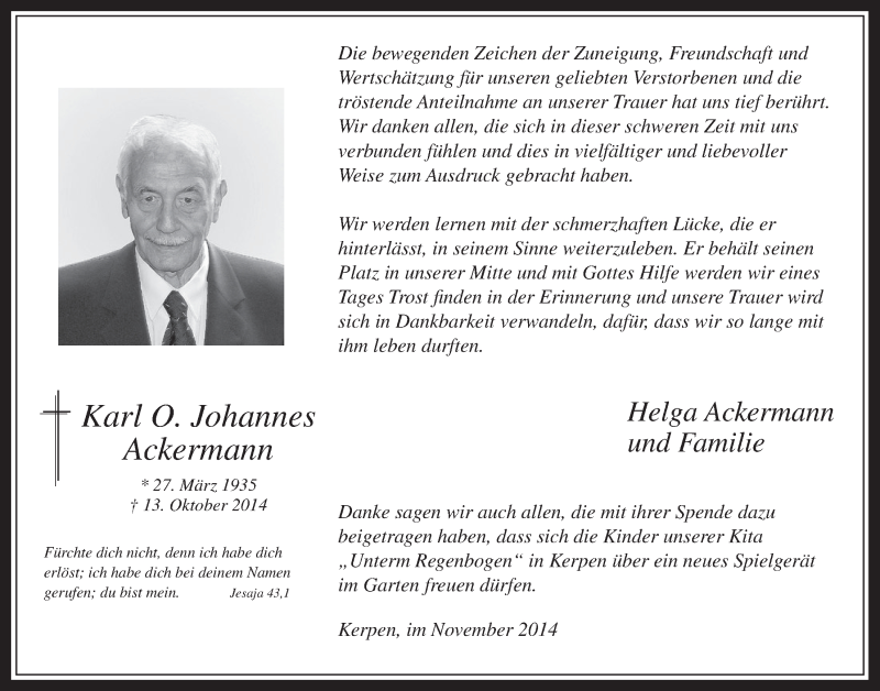 Traueranzeige für Karl Johannes Ackermann vom 26.11.2014 aus  Werbepost 