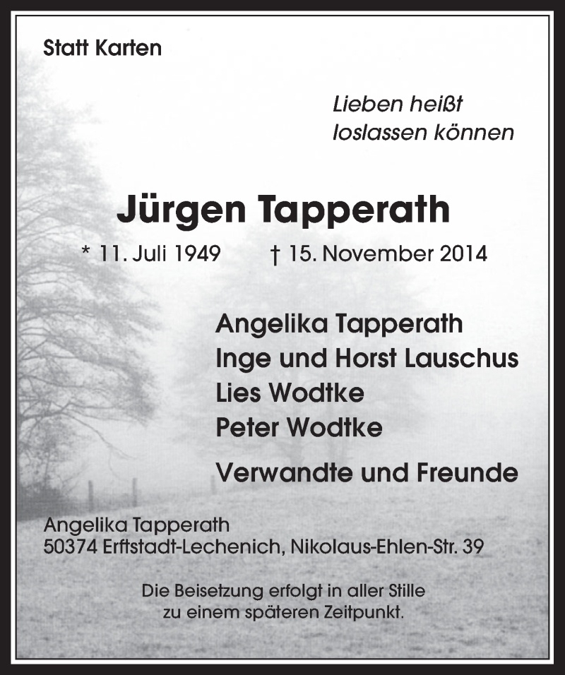  Traueranzeige für Jürgen Tapperath vom 26.11.2014 aus  Werbepost 