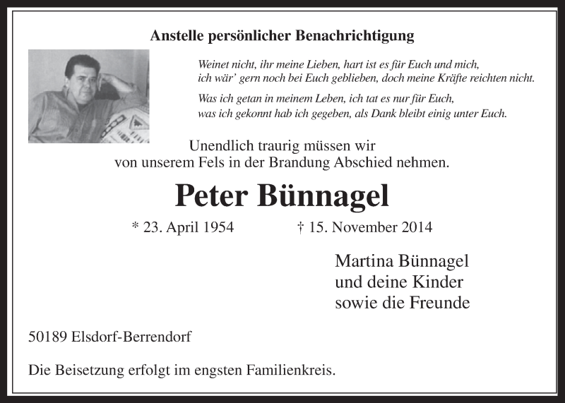  Traueranzeige für Peter Bünnagel vom 26.11.2014 aus  Werbepost 