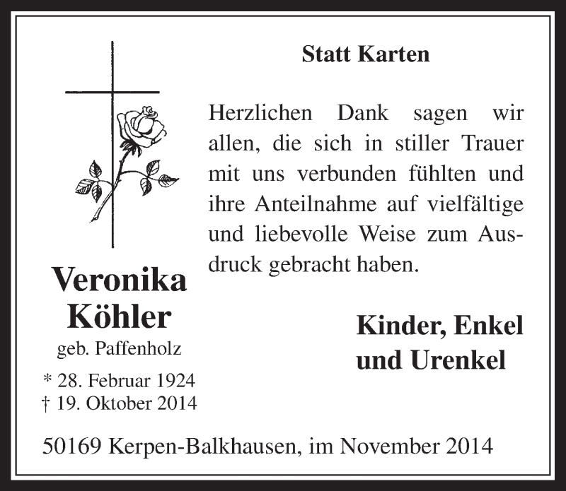  Traueranzeige für Veronika Köhler vom 26.11.2014 aus  Werbepost 