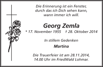 Anzeige von Georg Zemla von  Rhein-Sieg-Wochenende 