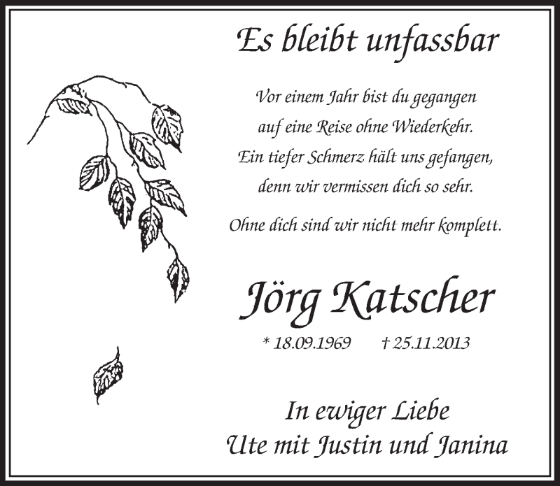  Traueranzeige für Jörg Katscher vom 22.11.2014 aus  Sonntags-Post 