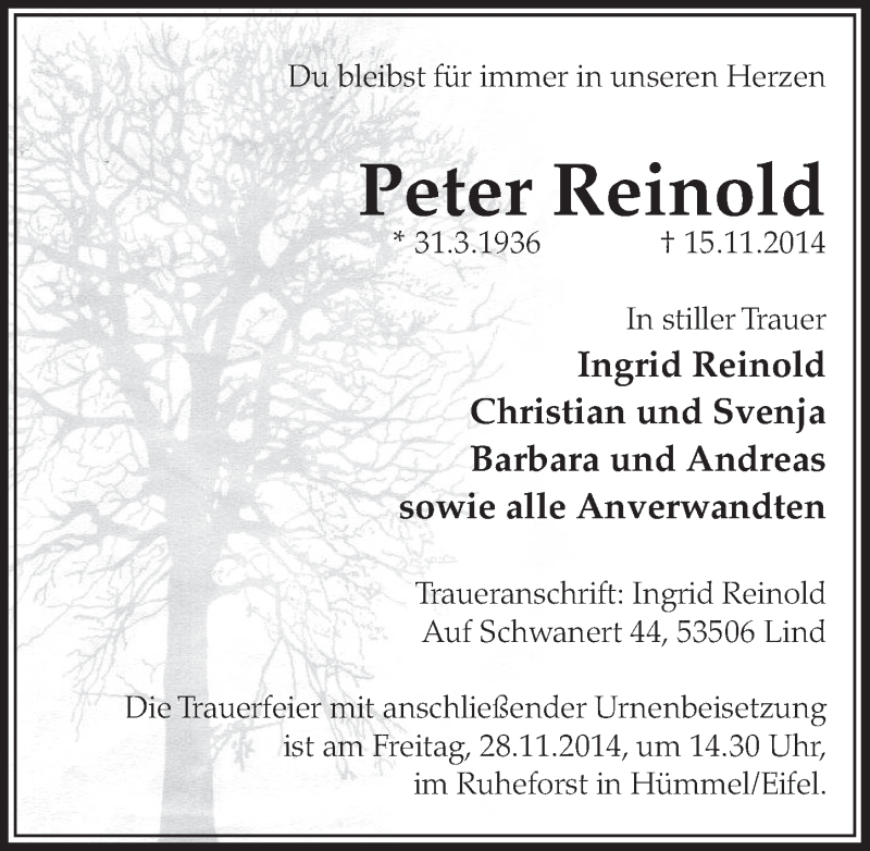  Traueranzeige für Peter Reinold vom 22.11.2014 aus  Sonntags-Post 