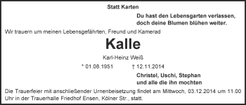 Anzeige von Karl-Heinz Weiß von  Kölner Wochenspiegel 