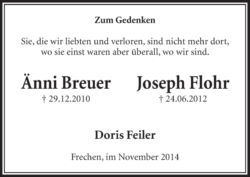  Traueranzeige für Änni und Joseph  vom 22.11.2014 aus  Sonntags-Post 