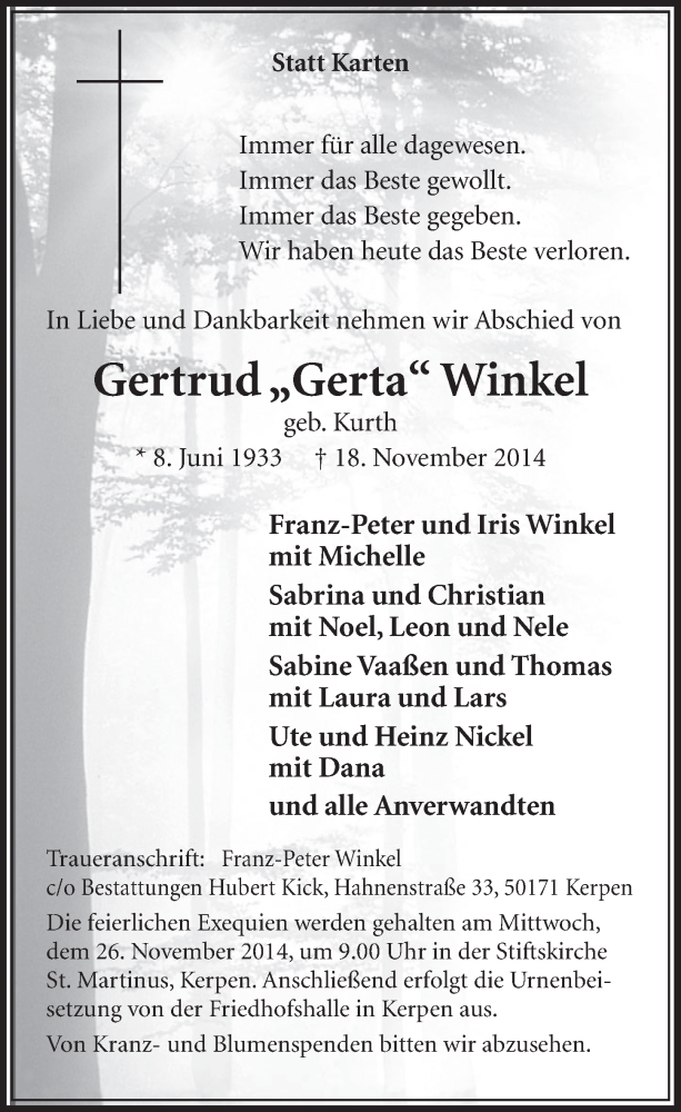  Traueranzeige für Gertrud Winkel vom 22.11.2014 aus  Sonntags-Post 