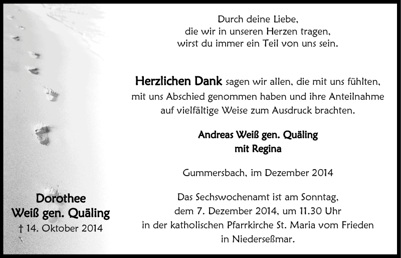  Traueranzeige für Dorothee Weiß gen. Quäling vom 03.12.2014 aus  Anzeigen Echo 