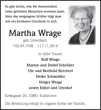 Anzeige von Martha Wrage von  Blickpunkt Euskirchen 