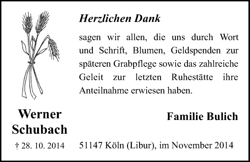  Traueranzeige für Werner Schubach vom 26.11.2014 aus  Kölner Wochenspiegel  Extra Blatt 