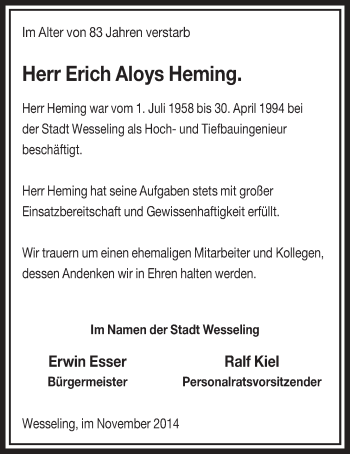 Anzeige von Erich Aloys Heming von  Schlossbote/Werbekurier 