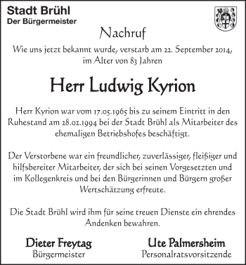 Anzeige von Ludwig Kyrion von  Schlossbote/Werbekurier 