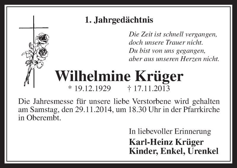  Traueranzeige für Wilhelmine Krüger vom 26.11.2014 aus  Werbepost 