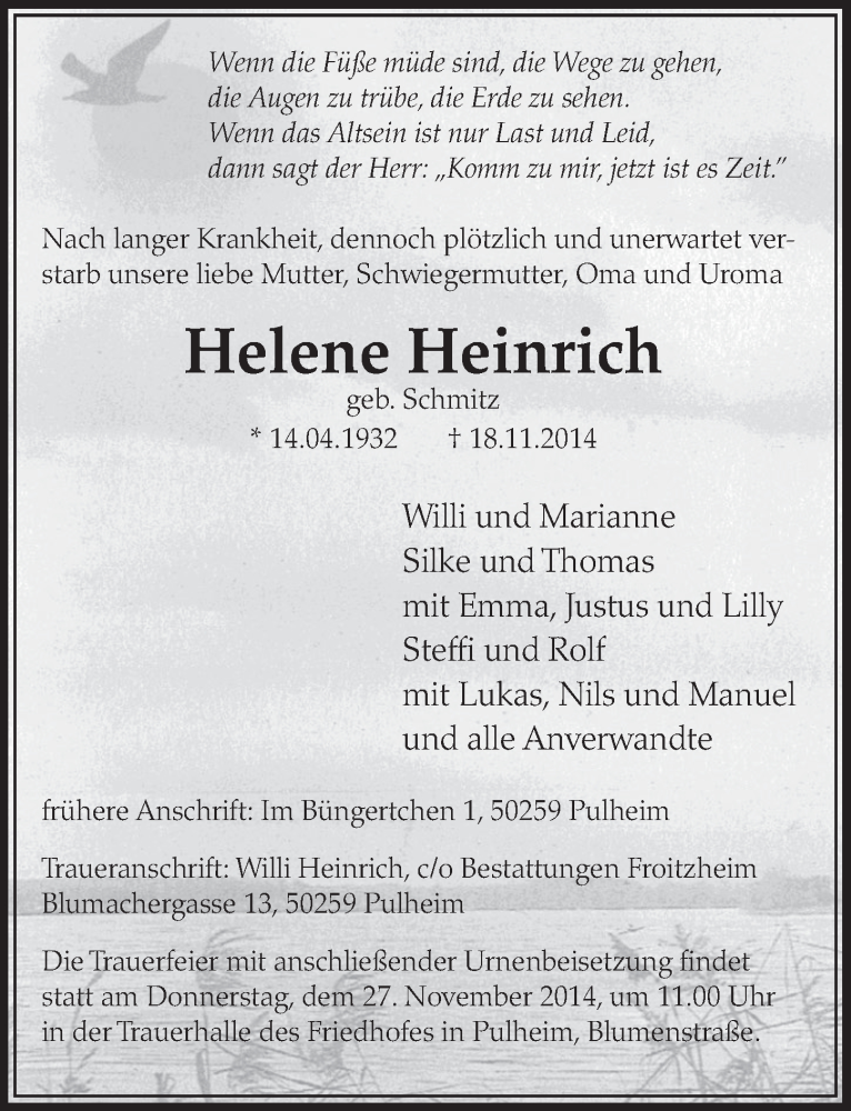  Traueranzeige für Helene Heinrich vom 22.11.2014 aus  Sonntags-Post 