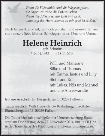 Anzeige von Helene Heinrich von  Sonntags-Post 