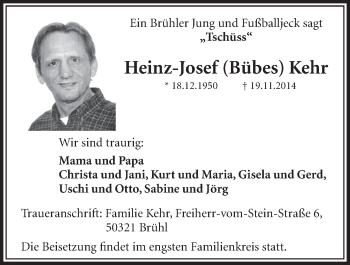 Anzeige von Heinz-Josef Kehr von  Schlossbote/Werbekurier 