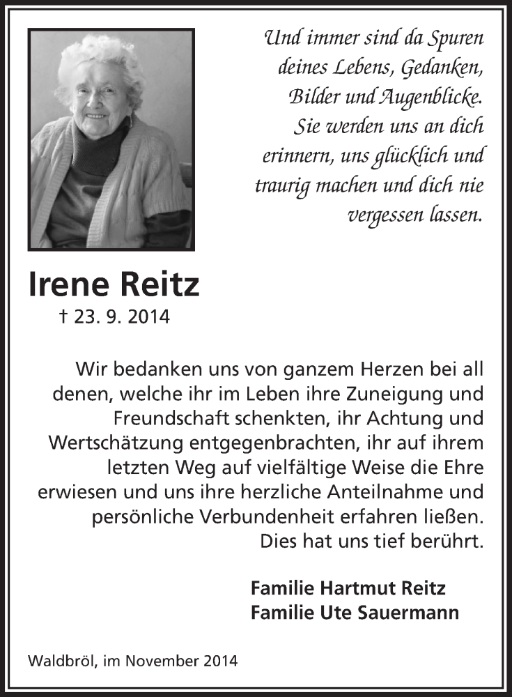  Traueranzeige für Irene Reitz vom 26.11.2014 aus  Lokalanzeiger 