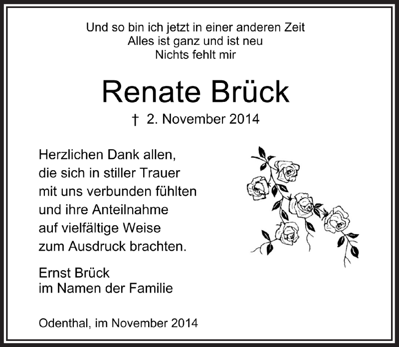  Traueranzeige für Renate Brück vom 26.11.2014 aus  Bergisches Handelsblatt 
