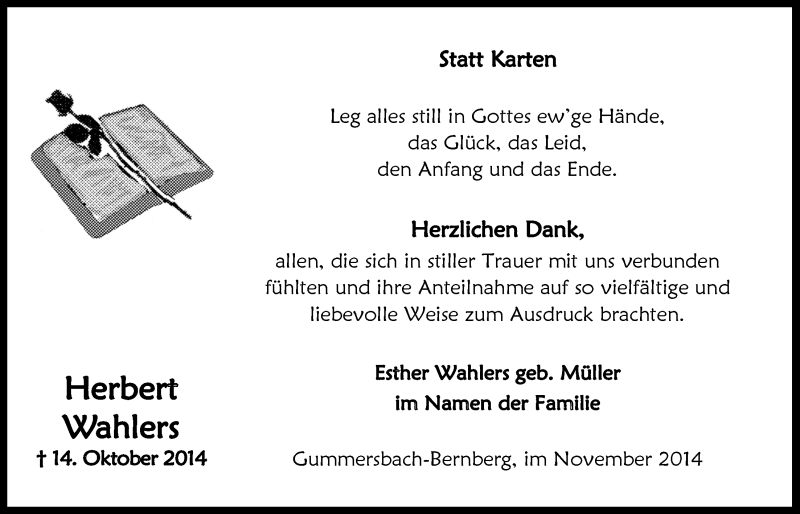  Traueranzeige für Herbert Wahlers vom 26.11.2014 aus  Anzeigen Echo 