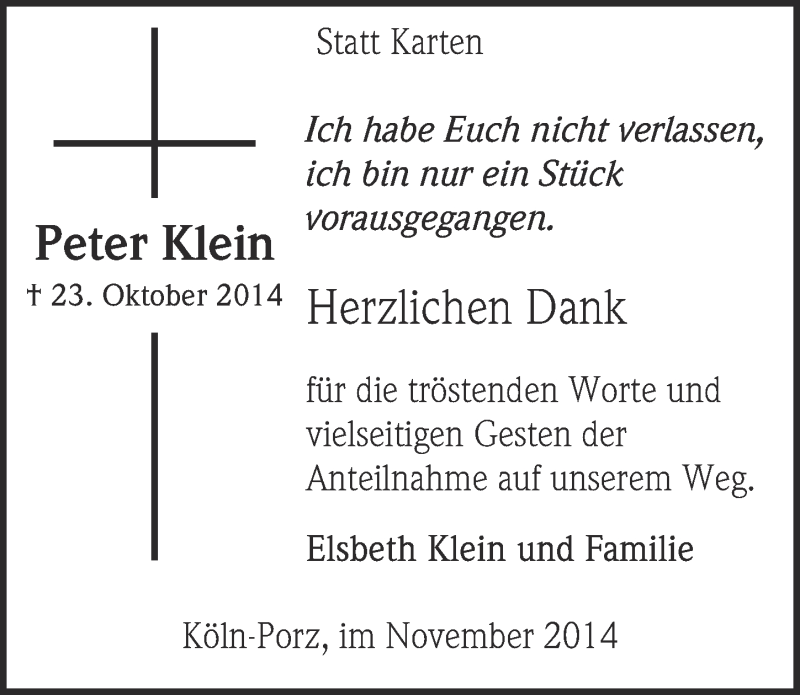  Traueranzeige für Peter Klein vom 26.11.2014 aus  Kölner Wochenspiegel 