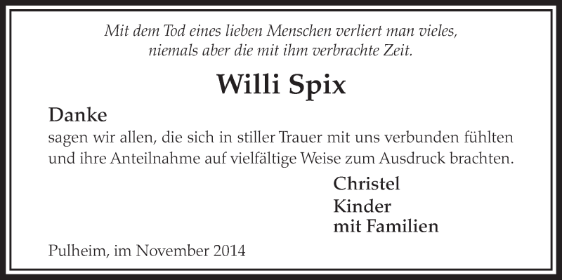  Traueranzeige für Willi Spix vom 22.11.2014 aus  Sonntags-Post 