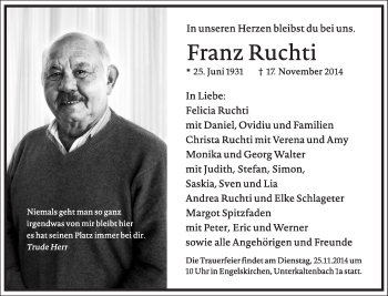 Anzeige von Franz Ruchti von  Rhein-Sieg-Wochenende 