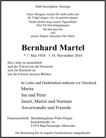 Anzeige von Bernhard Martel von  Anzeigen Echo 
