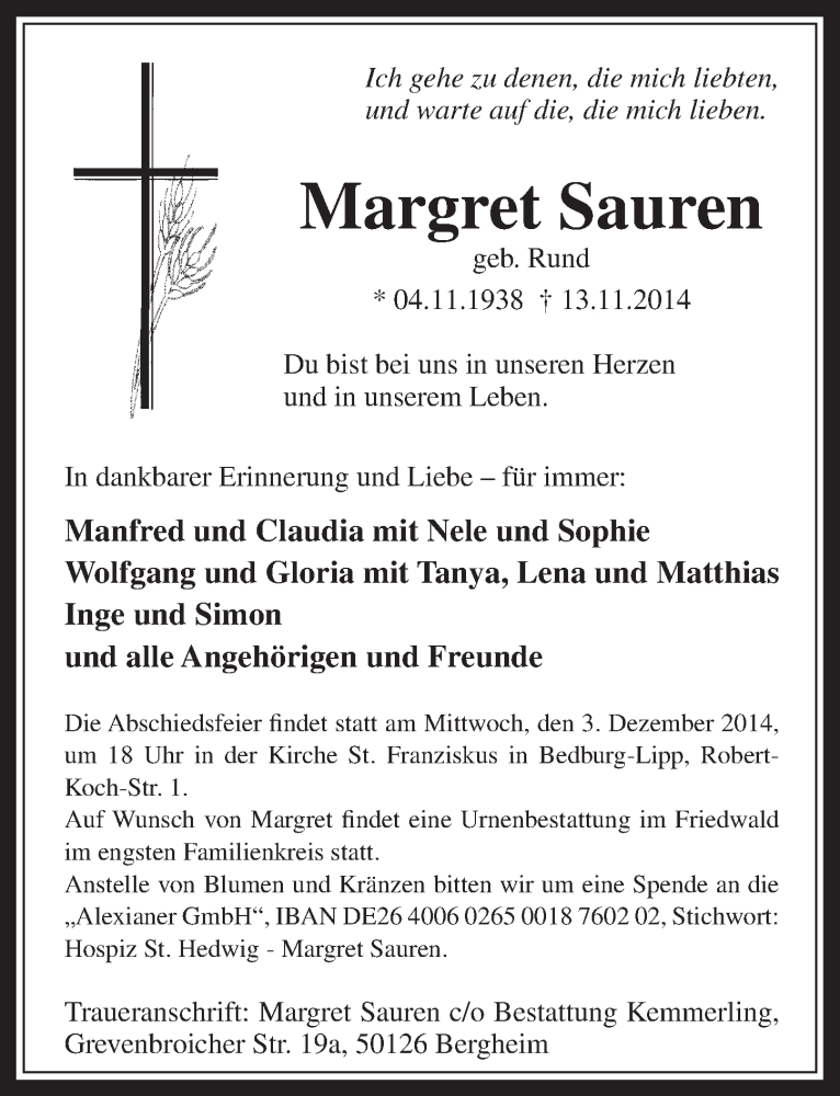 Traueranzeige für Margret Sauren vom 26.11.2014 aus  Werbepost 