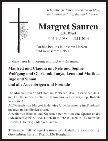 Anzeige von Margret Sauren von  Werbepost 