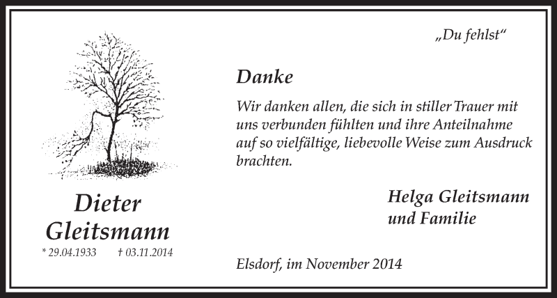  Traueranzeige für Dieter Gleitsmann vom 22.11.2014 aus  Sonntags-Post 