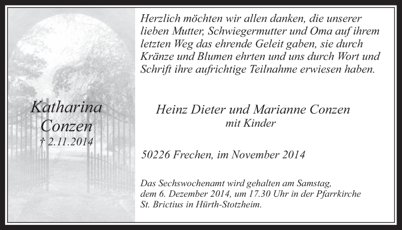  Traueranzeige für Katharina Conzen vom 26.11.2014 aus  Wochenende 