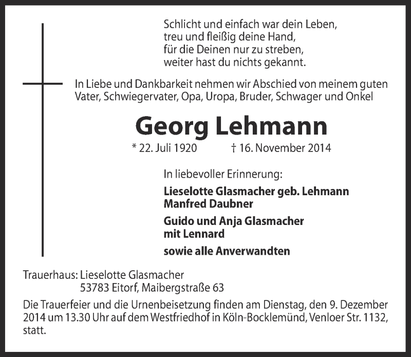  Traueranzeige für Georg Lehmann vom 03.12.2014 aus  Kölner Wochenspiegel 