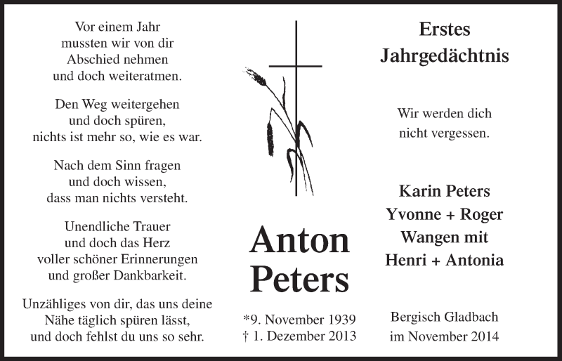  Traueranzeige für Anton Peters vom 26.11.2014 aus  Bergisches Handelsblatt 