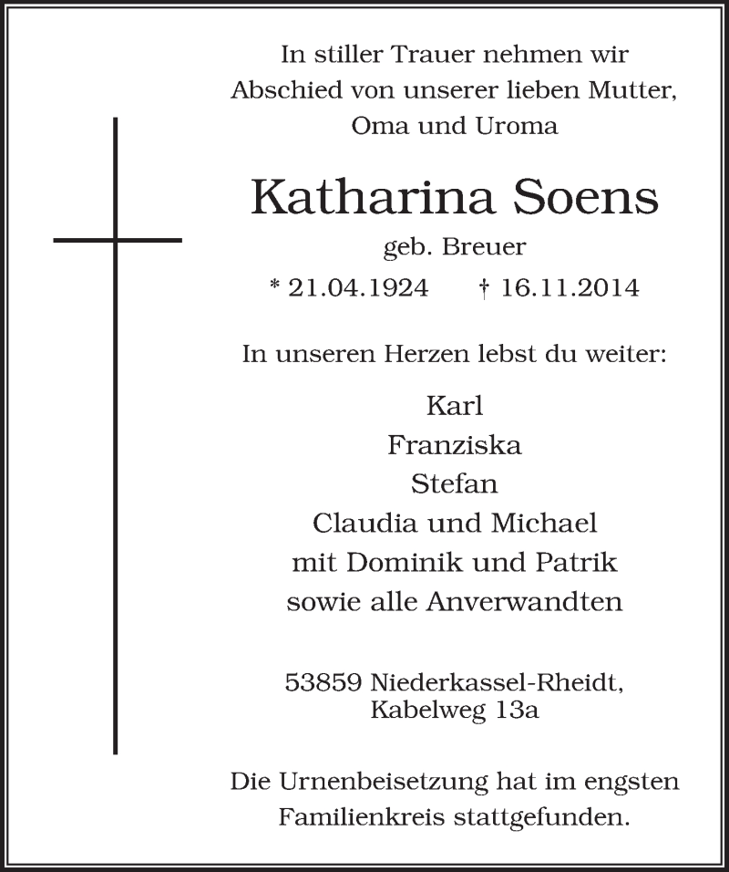  Traueranzeige für Katharina Soens vom 26.11.2014 aus  Extra Blatt 