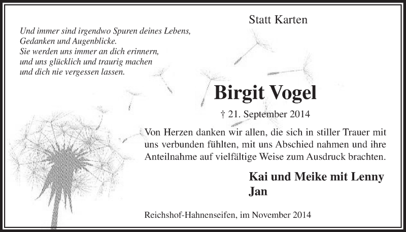  Traueranzeige für Birgit Vogel vom 26.11.2014 aus  Lokalanzeiger 