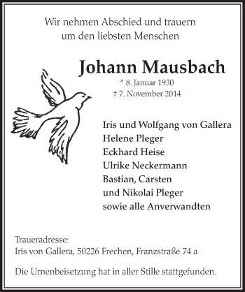 Anzeige von Johann Mausbach von  Sonntags-Post 