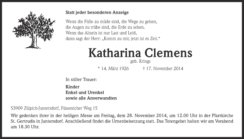  Traueranzeige für Katharina Clemens vom 23.11.2014 aus  Blickpunkt Euskirchen 
