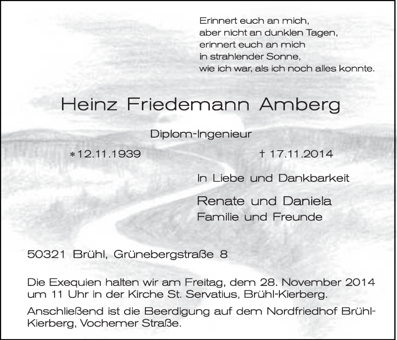  Traueranzeige für Heinz Friedemann Amberg vom 26.11.2014 aus  Schlossbote/Werbekurier 