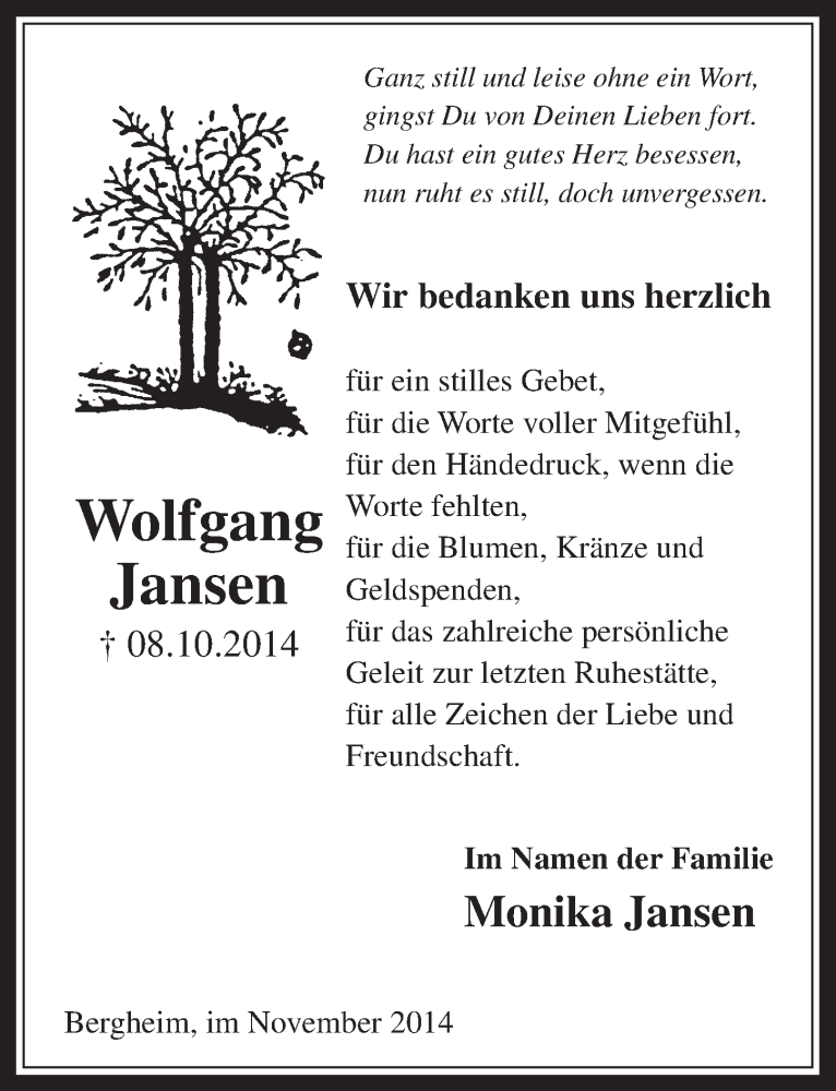  Traueranzeige für Wolfgang Jansen vom 26.11.2014 aus  Werbepost 