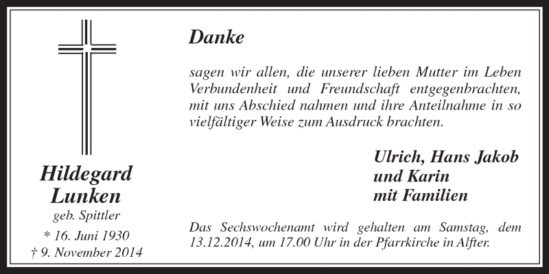 Traueranzeige für Hildegard Lunken vom 26.11.2014 aus  Schaufenster/Blickpunkt 