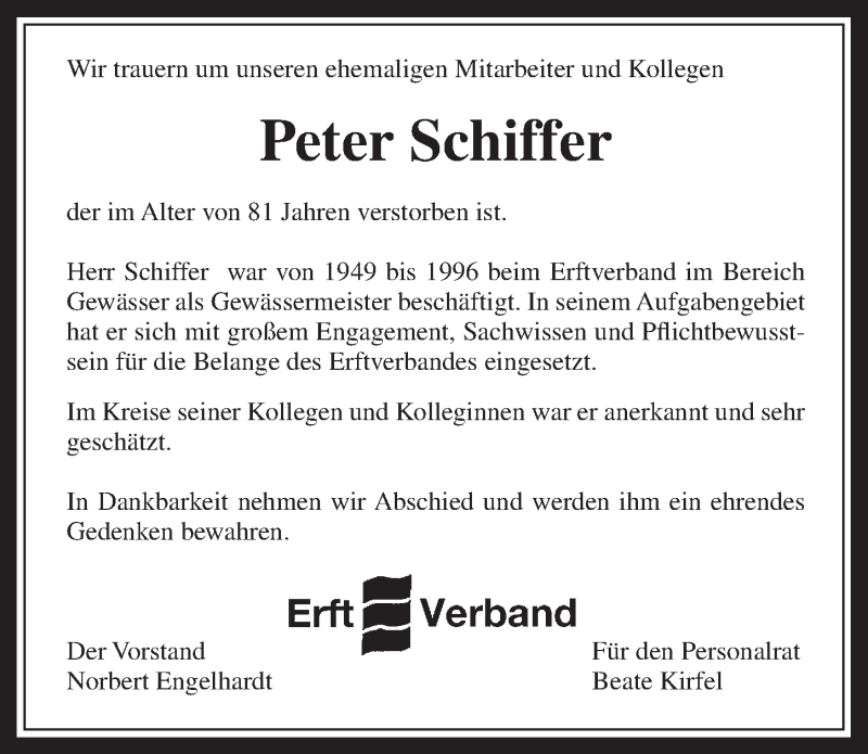  Traueranzeige für Peter Schiffer vom 26.11.2014 aus  Werbepost 