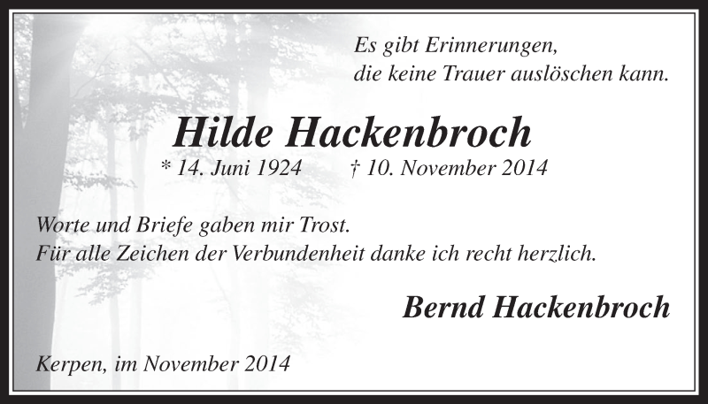  Traueranzeige für Hilde Hackenbroch vom 26.11.2014 aus  Werbepost 