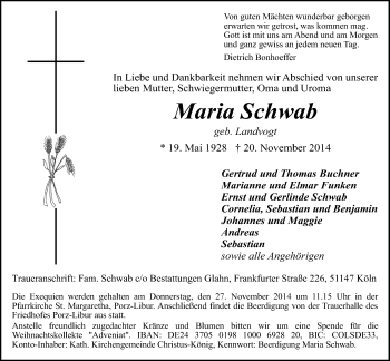 Anzeige von Maria Schwab von  Kölner Wochenspiegel 
