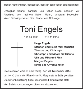Anzeige von Toni Engels von  Schlossbote/Werbekurier 